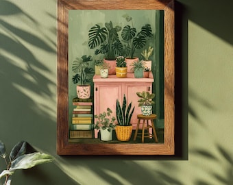 Plant Lover Decor Poster, Potted Greenery And Bookshelf Scene, Multiple Sizes
