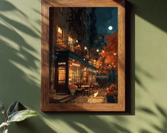 Autumn Coffee Shop Wall Art – Cozy NYC Night Street Print, Warm Fall Café Decor with Lights and Cat, New York City Art for Living Room