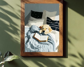 Golden retriever lezen in bed print– gezellige hond illustratie, schattig huisdier slaapkamer decor, grappig boek minnaar print, hond poster, cadeau voor hond
