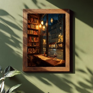 Warm Lights Print, Paris Bookstore Scene with Books and Wine, 14 Sizes
