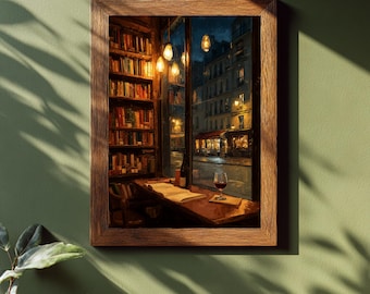 Warm Lights Print, Paris Bookstore Scene with Books and Wine, 14 Sizes