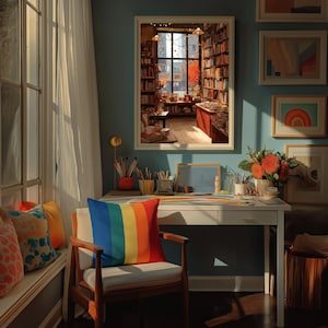 A framed illustration of a bookstore with autumn trees outside, hanging on a light blue wall above a white desk with art supplies.