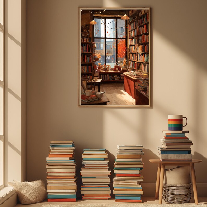 A framed illustration of a bookstore with autumn trees outside, hanging on a light beige wall above stacks of books and a mug.
