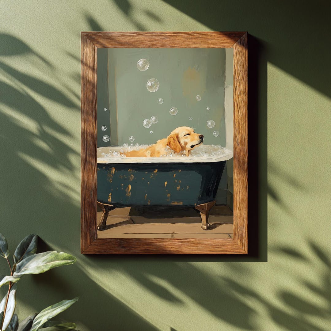 Golden Retriever Bath Wall Art, Cozy Dog Bathroom Print, Whimsical Dog ...