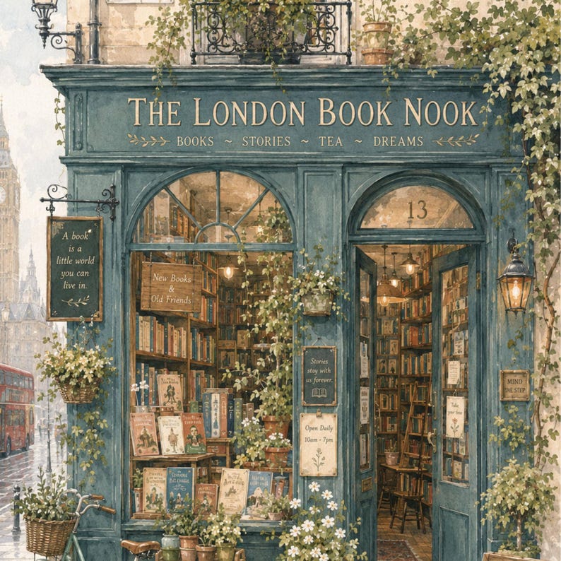 A close-up of a watercolor illustration of a blue-green storefront with "THE LONDON BOOK NOOK" above the door, a bicycle parked outside, and Big Ben in the background.
