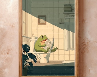 Arte mural de baño con una rana caprichosa: impresión divertida para inodoro, póster con ilustración de estilo japonés, decoración peculiar de una rana leyendo para el baño.