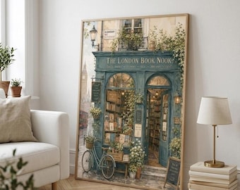 London Bookshop Wall Art, Cosy Reading Nook Print, Literary Gift for Book Lovers