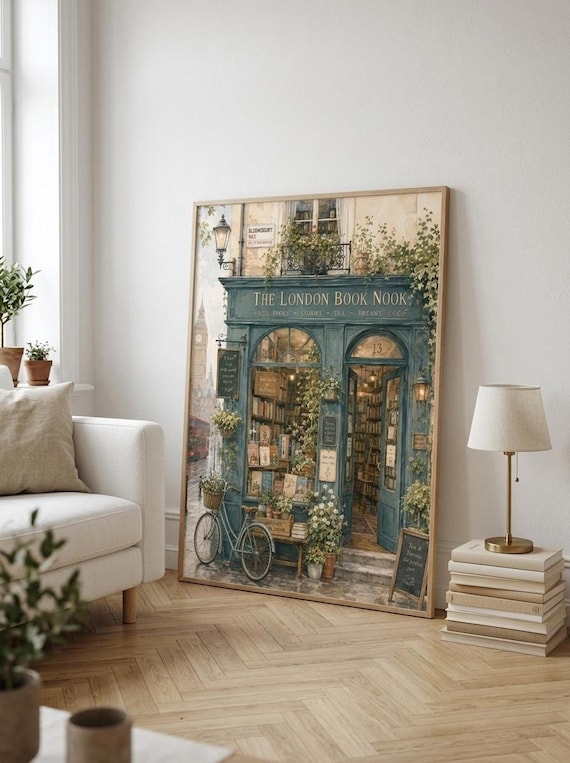 Book Lover Art, Cozy Bookstore Print of London Nook Illustration