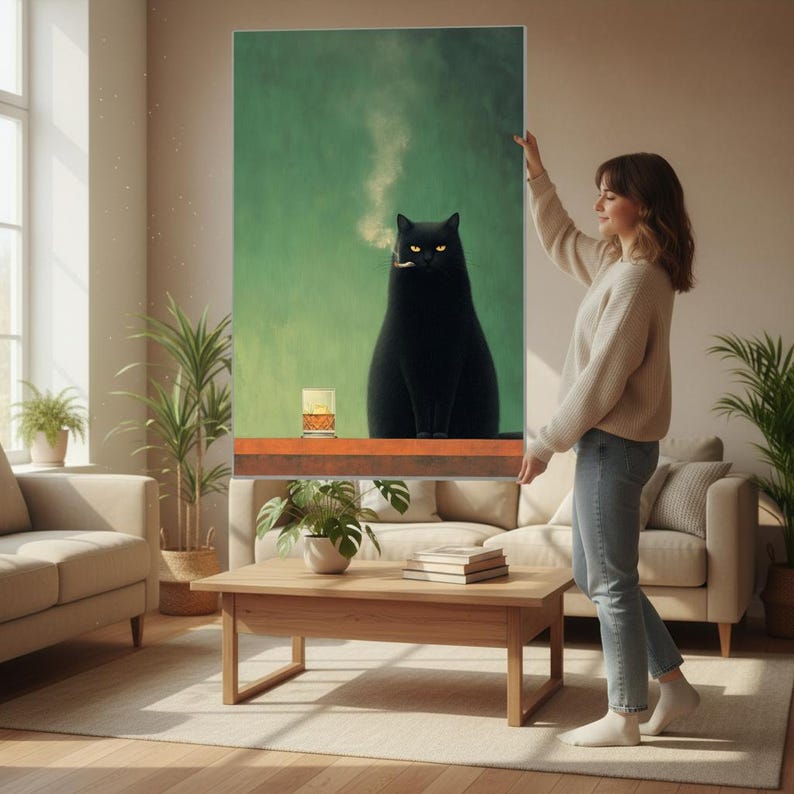 Moody Black Cat Wall Art – Dark Humour Cat Print With Whiskey Glass ...