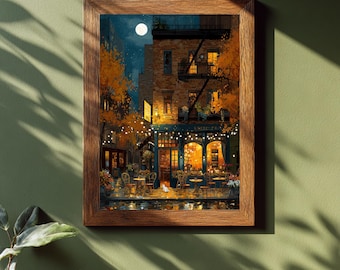Rainy Night Coffee Shop Wall Art – Cozy NYC Autumn Street Print, Warm Café Lights & Moonlight, Romantic New York City Decor with Cat