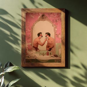 Arte de barbería vintage, impresión de hombres afeitándose, decoración de baño rosa, pintura de hombre con bigote, póster de cuidado personal victoriano, tocador ecléctico.