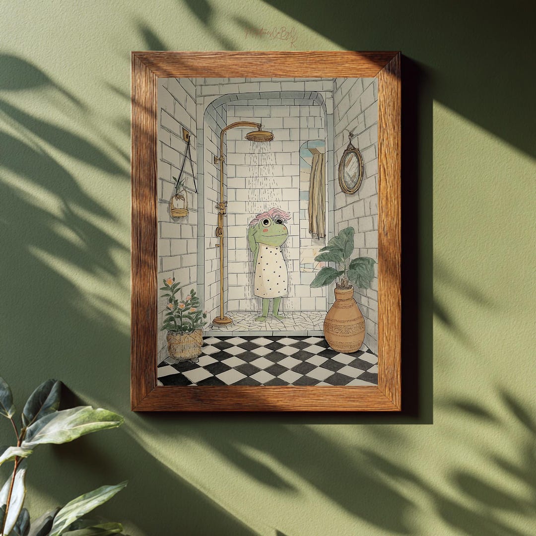 Funny Frog Bathroom Wall Art – Cute Shower Illustration, Whimsical ...