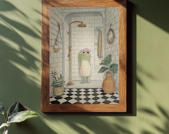 Funny Frog Bathroom Wall Art – Cute Shower Illustration, Whimsical Amphibian Decor, Humorous Frog Print, Cozy Bathroom or Kids Room Artwork