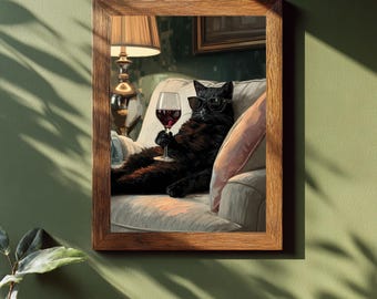 Schwarze Katze Trinkt Wein, Katzen Illustration, Katzen Illustration, Illustration für Katzenliebhaber und Weinliebhaber