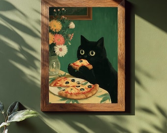Whimsical Black Cat Wall Art – Funny Kitchen Decor, Cute Cat Illustration Print, Playful Food Lover Poster for Home & Dining Room, Digital