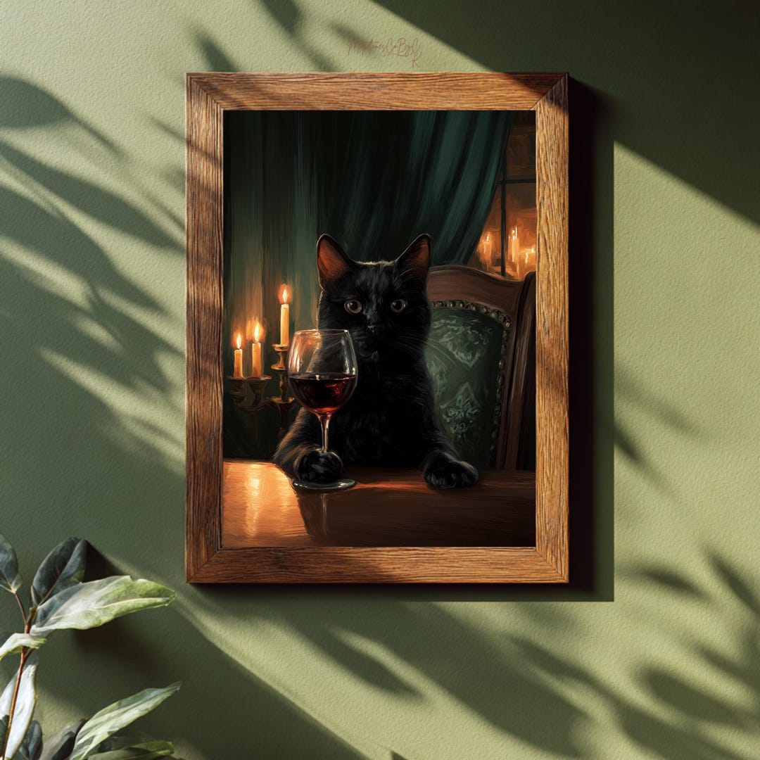 Black Cat With Wine Glass Wall Art | Dramatic Candlelight Oil Painting ...