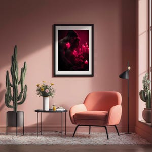Queer Vampire Wall Art Pink Gothic Halloween Print Muscular Male Couple Romantic Roses Gay Art Poster Muscular LGBTQ Wall art