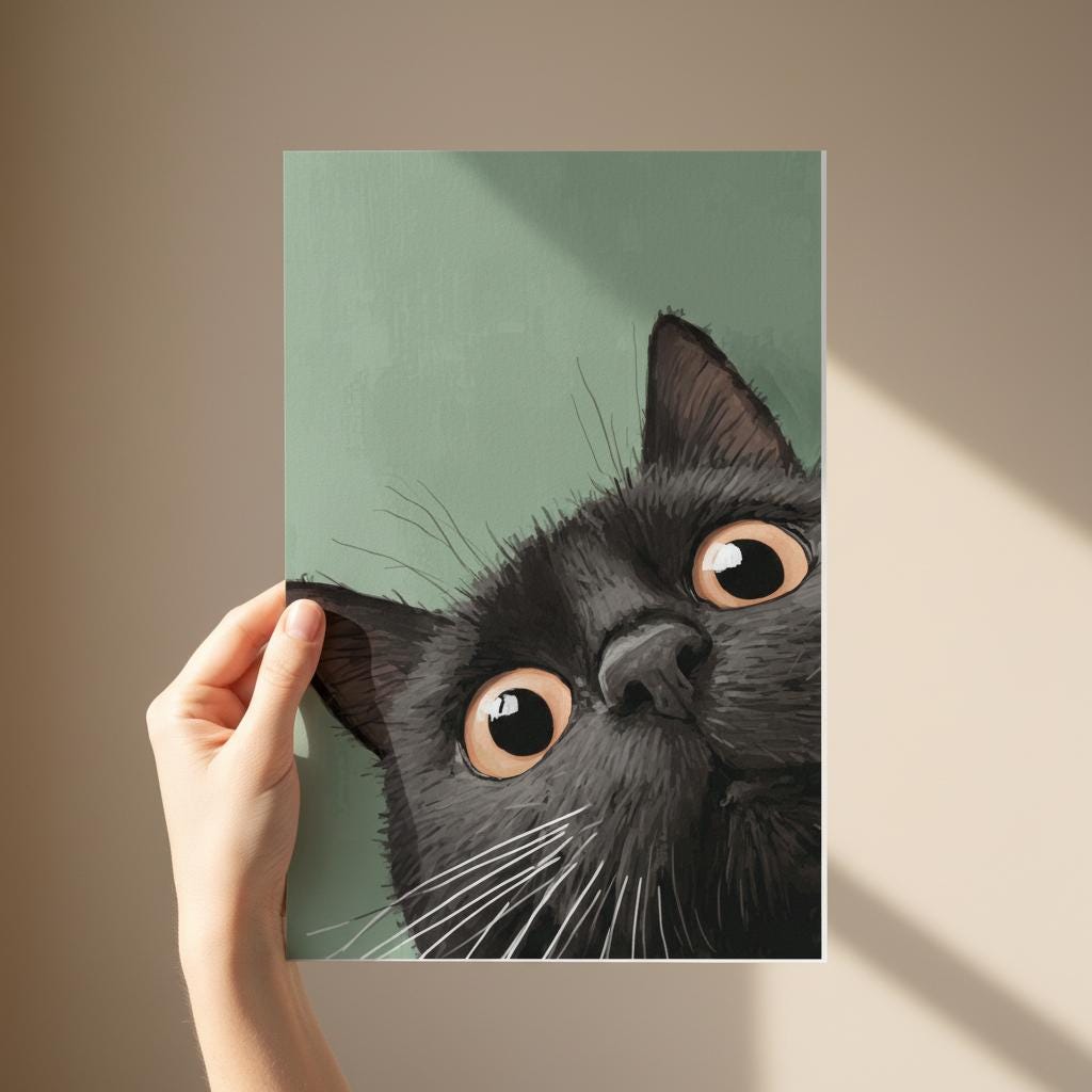 Black Cat Art Print, Funny Peeking Cat Poster, Big Eyes Animal Painting ...