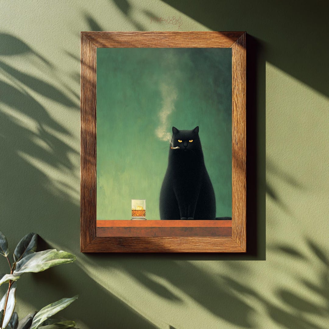 Moody Black Cat Wall Art – Dark Humour Cat Print With Whiskey Glass ...
