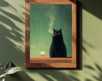 Art mural chat noir lunatique - Impression chat humour noir avec verre à whisky, affiche félin cool pour décoration de bar, salon ou salle de séjour