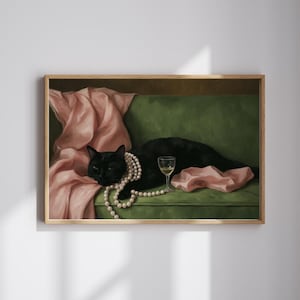 Cuadro de gato negro con perlas: impresión vintage de vino y gato, decoración elegante para el hogar, cuadro felino con clase para sala de estar o dormitorio.