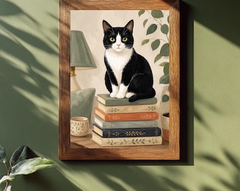 Puede incluir: Impresión enmarcada que presenta un gato blanco y negro con ojos amarillos, sentado sobre una pila de libros. Los libros son de varios colores y tienen diseños decorativos. También se ven una lámpara y una taza pequeña. El marco es de madera.