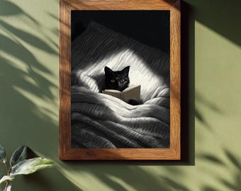 Puede incluir: Una impresión enmarcada que representa a un gato negro leyendo un libro en la cama. El gato está iluminado por un rayo de luz, creando una escena cálida y acogedora. El marco de madera añade un toque de calidez a la obra de arte.