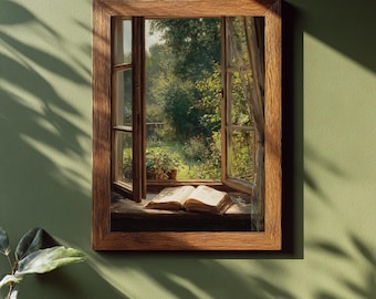 Dipinto con angolo lettura su finestra – Arte murale vintage per amanti dei libri – Stampa Sunlit Cottagecore – Opera d'arte con vista sul giardino romantico – Decorazione Dark Academia