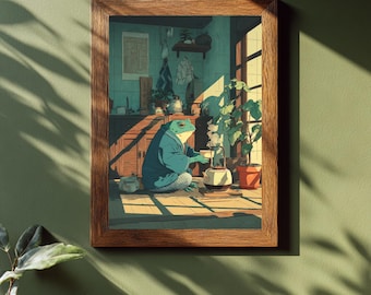 Japanischer Frosch Tee Wand Kunst | Frosch Illustration | Ruhiger Morgen Sonnenlicht Druck | Skurril Ukiyo-e Wohnkultur | Gemütliche japanische Küchenkunst