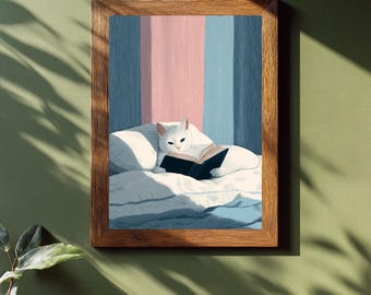 Puede incluir: Una impresión artística enmarcada representa a un gato blanco leyendo un libro en la cama. El fondo presenta rayas verticales azules y rosas. El marco de madera añade un toque natural, ideal para la decoración del hogar.