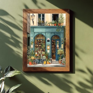 Bookstore Wall Art Print, Paris Bookshop Illustration with Botanical Elements