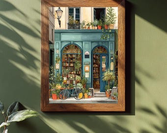 Bookstore Wall Art Print, Paris Bookshop Illustration with Botanical Elements