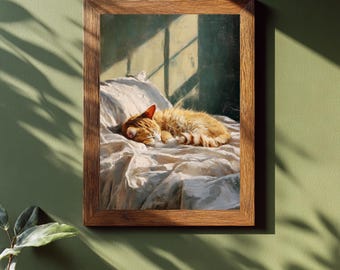Sleeping Tabby Cat Wall Art | Realistic Oil Painting Print | Sunlight Bedroom Decor | Cosy Cat Artwork Gift | Fine Art Cat Poster for Home