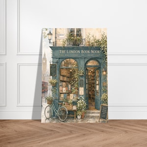 A watercolor illustration of "The London Book Nook" shows a teal storefront with books, plants, a bicycle, and signs, with Big Ben in the background.