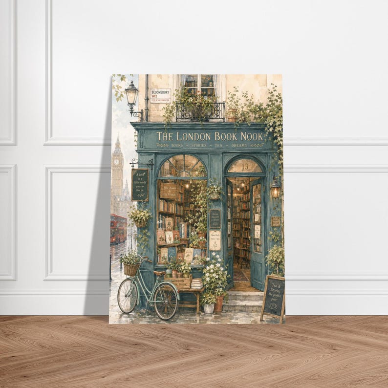 A watercolor illustration of "The London Book Nook" shows a teal storefront with books, plants, a bicycle, and signs, with Big Ben in the background.