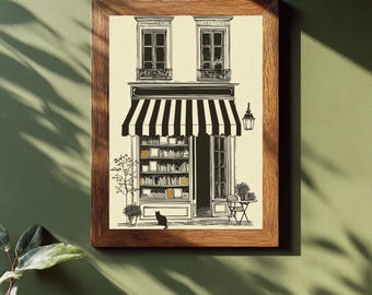 Reading Nook Decor, Black Ink Bookshop Print with Cat and Striped Awning