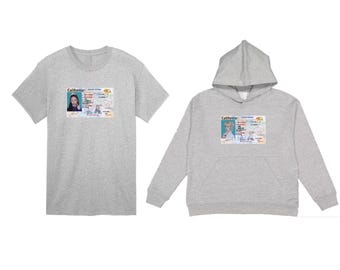 May include: A heather gray short-sleeve t-shirt and a matching heather gray hooded sweatshirt, both featuring a rectangular graphic print on the chest that mimics a California driver's license with text and a small portrait photograph.