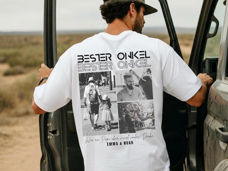 May include: White t-shirt with the text "BESTER ONKEL" and a collage of black and white photos. The shirt has a relaxed fit and is worn by a person standing next to a vehicle.