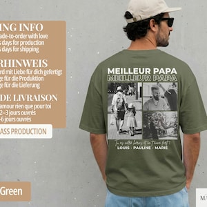 K&ouml;nnte beinhalten: Milit&auml;rgr&uuml;nes T-Shirt mit einer Fotocollage und dem wei&szlig;en Text "MEILLEUR PAPA". Das Shirt zeigt eine Fotocollage und die Namen "LOUIS - PAULINE - MARIE".