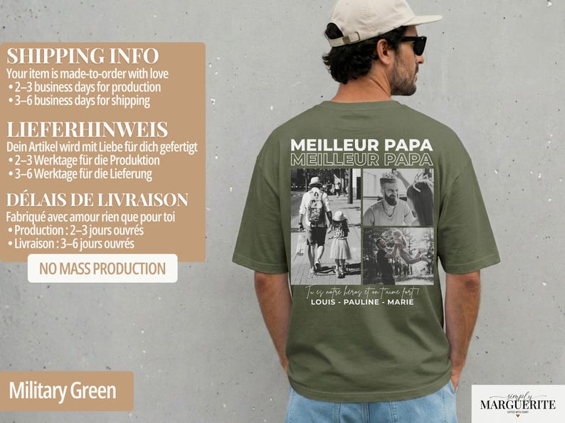 K&ouml;nnte beinhalten: Milit&auml;rgr&uuml;nes T-Shirt mit einer Fotocollage und dem wei&szlig;en Text "MEILLEUR PAPA". Das Shirt zeigt eine Fotocollage und die Namen "LOUIS - PAULINE - MARIE".