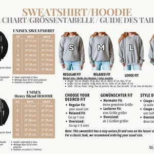 Op de afbeelding: Maattabel voor unisex sweatshirts en hoodies, met afmetingen in cm. Maten S, M, L, XL, 2XL, 3XL en 4XL zijn inbegrepen. Informatie over regular, relaxed en loose fit is beschikbaar.