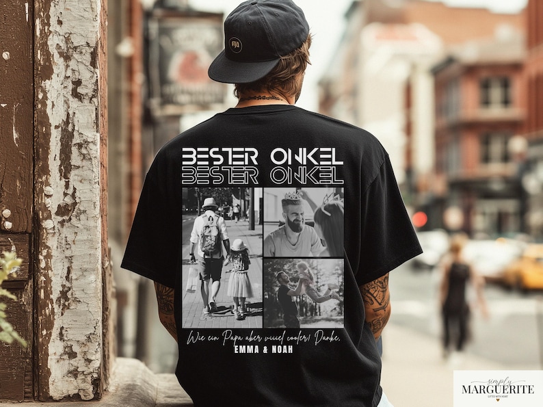 May include: Black t-shirt with the text "BESTER ONKEL" in white, above four black and white photos. The shirt also has text at the bottom, including "EMMA & NOAH". The person in the image is wearing a black cap.