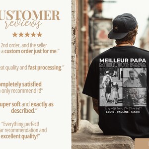 K&ouml;nnte beinhalten: Schwarzes T-Shirt mit der Aufschrift "MEILLEUR PAPA" und einer Collage von Fotos. Das Shirt enth&auml;lt auch den Text "Tu es notre h&eacute;ros et on t'aime fort!" und Namen. Kundenbewertungen werden links angezeigt.