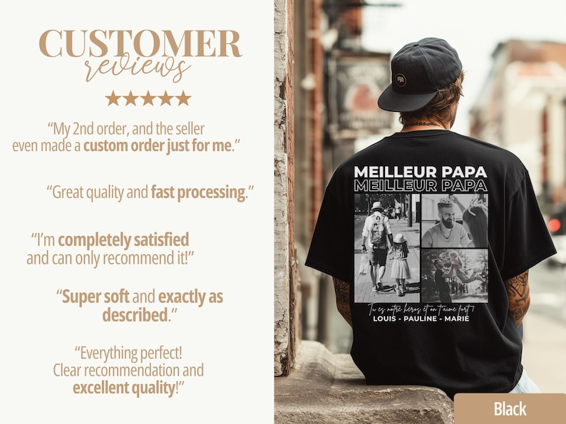 K&ouml;nnte beinhalten: Schwarzes T-Shirt mit der Aufschrift "MEILLEUR PAPA" und einer Collage von Fotos. Das Shirt enth&auml;lt auch den Text "Tu es notre h&eacute;ros et on t'aime fort!" und Namen. Kundenbewertungen werden links angezeigt.