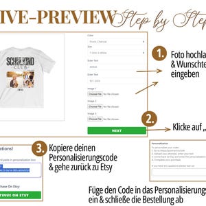 May include: A white t-shirt with a graphic that says "SCHULKIND CLUB" with photos and text. The image also shows a step-by-step guide for personalizing the shirt, including uploading photos and entering text.