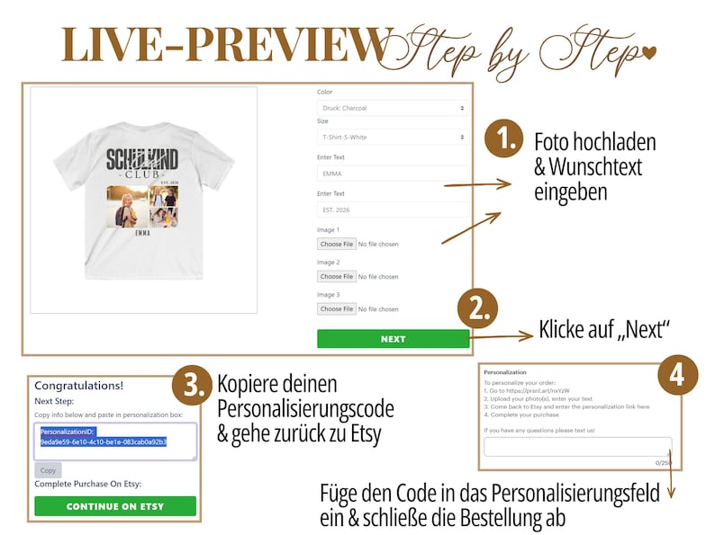 May include: A white t-shirt with a graphic that says "SCHULKIND CLUB" with photos and text. The image also shows a step-by-step guide for personalizing the shirt, including uploading photos and entering text.