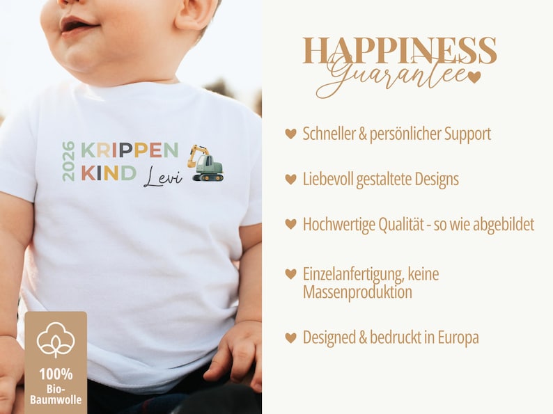 May include: A white short-sleeved t-shirt featuring the text 2026 KRIPPEN KIND Levi in multi-colored letters, accompanied by a small graphic of a construction excavator. The shirt includes a small rectangular tag labeled 100% Bio-Baumwolle.