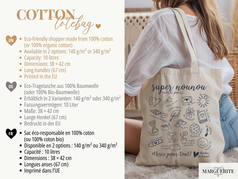 Cadeau nounou personnalisé – Tote bag merci nounou Noël | Cadeau fin d’année crèche avec prénom enfant, idée cadeau pas cher nounou image 2