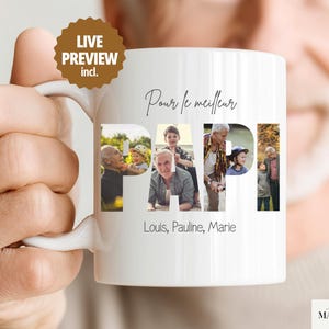 Puede incluir: Taza de cerámica blanca con la palabra "PAPI" en letras grandes, cada letra contiene una foto familiar diferente. La taza también tiene el texto "Pour le meilleur" y los nombres "Louis, Pauline, Marie".