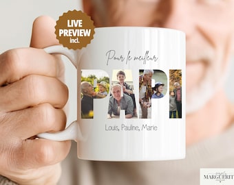 May include: White ceramic mug with the word "PAPI" in large letters, each letter containing a different family photo. The mug also has the text "Pour le meilleur" and the names "Louis, Pauline, Marie".